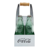 Tablecraft 1 oz. Green Glass Coca-Cola® Bottle Salt and Pepper Shaker Set with Galvanized Steel Caddy and Wooden Handle