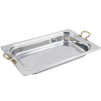 Bon Chef 5408HR 22" x 14" x 3" Stainless Steel 9 Qt. Full Size Rectangular Laurel Design Food Pan with Round Brass Handles