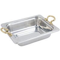 Bon Chef 5309HR 11" x 13" x 3" Stainless Steel 3 Qt. Half Size Rectangular Bolero Design Food Pan with Round Brass Handles