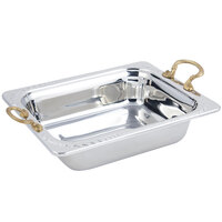 Bon Chef 5409HR 10 1/2" x 13" x 2 3/4" Stainless Steel 3 Qt. Half Size Rectangular Laurel Design Food Pan with Round Brass Handles