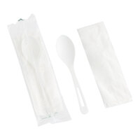 World Centric 6" Wrapped Compostable TPLA Spoon with Napkin - 500/Case