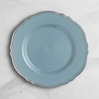 Visions 9" Steel Blue Round Plastic Plate with Silver Vintage Rim - 12/Case