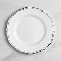 Visions 9" White Round Plastic Plate with Silver Vintage Rim - 120/Case