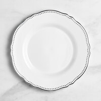 Visions 10" White Round Plastic Plate with Silver Vintage Rim - 120/Case