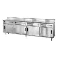 Advance Tabco SDRC-3010 30" x 120" 14 Gauge Enclosed Base Stainless Steel Work Table with 4 Drawers, 4 Sliding Doors and 5" Backsplash