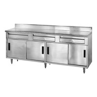 Advance Tabco SDRC-308 30" x 96" 14 Gauge Enclosed Base Stainless Steel Work Table with 3 Drawers, 4 Sliding Doors and 5" Backsplash