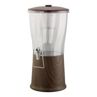 Service Ideas Elite 3 Gallon Round Natural Dark Wood Stainless Steel and Tritan™ Plastic Hands-Free Cold Beverage Dispenser with Infuser Tube CBDRT3DWSSHF
