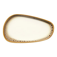 Ariane Jaguar 10 13/16" x 6 3/16" Brown and Cream Asymmetrical Oval Porcelain Coupe Platter with Spotted Rim - 6/Case