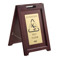 Lavex 24" Wooden A-Frame Wet Floor Sign with Brass-Coated Stainless Steel Plates