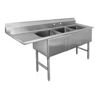 Advance Tabco FC-3-1524-24L 71 1/2" Fabricated Three Compartment Stainless Steel Sink with 24" Left Drainboard - 15" x 24" x 14" Bowls