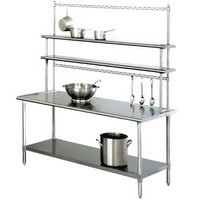 Eagle Group T3072SE-FM-PL 30" x 72" Stainless Steel Spec-Master Work Table with Flex-Master Overshelf Kit and Pot Racks