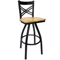 BFM Seating Akrin Metal Barstool with Natural Wood Swivel Seat