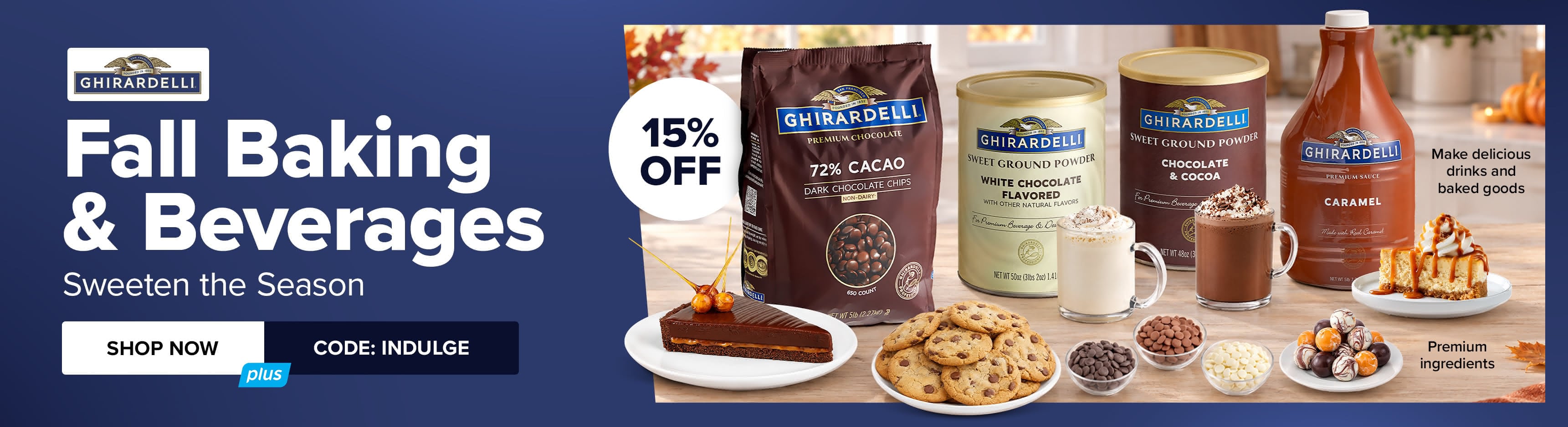 Save 15% on Fall Baking and Beverages. Sweeten the Season. Shop Now. Use Code: INDULGE
