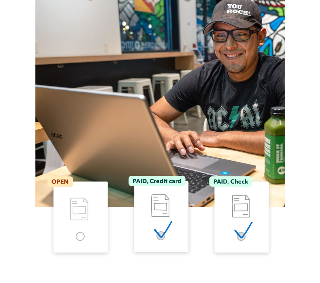 Smiling person using a laptop, with invoice payment statuses labeled as Open, Paid by Credit, and Ch