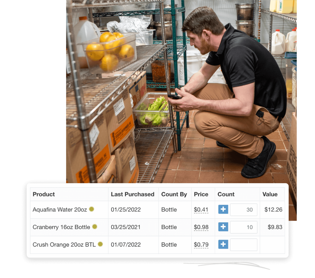 Person scanning inventory in a storeroom with a phone, and product list with prices shown below.