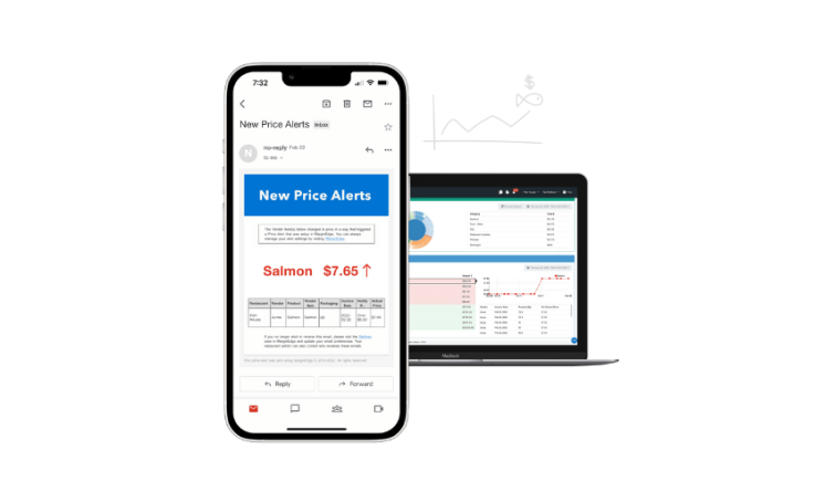 Phone showing price alert for salmon, with a laptop displaying graphs and charts in the background.