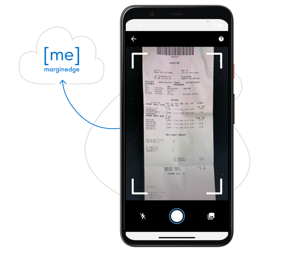 Phone scanning a receipt with MarginEdge logo, showing how receipts are captured for processing.