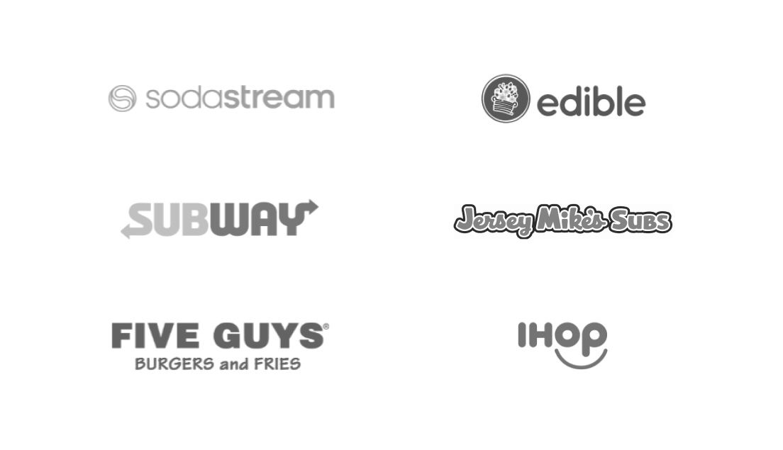 logos of sodastream, edible, subway, jersey mike's subs, five guys, and ihop