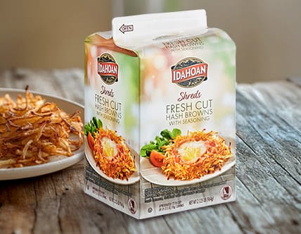 Idahoan Shreds Fresh Cut Hash Browns with Seasoning 2.125 lb. Carton - 6/Case
